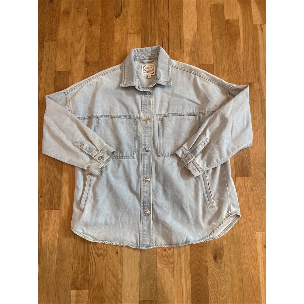 Stoosh VTG Denim Distressed Jean Shirt Jacket Shacket Button Up Womens Sz Med